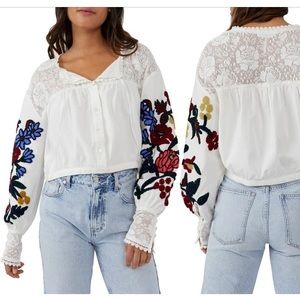 Free People Meadows Embroidered Cotton Long Sleeve Top